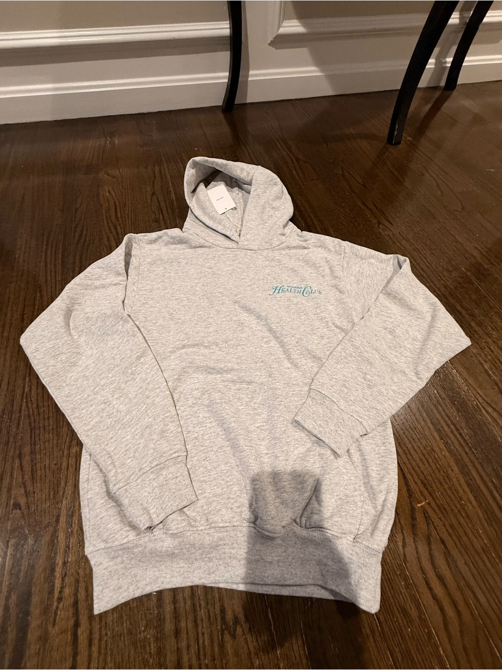 Sporty & Rich Heather Gray Hoodie with Teal Script Logo